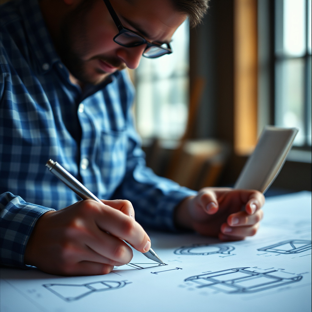 architectural draftsman at work, focusing on hands drawing blueprints with drafting tools, no face visible