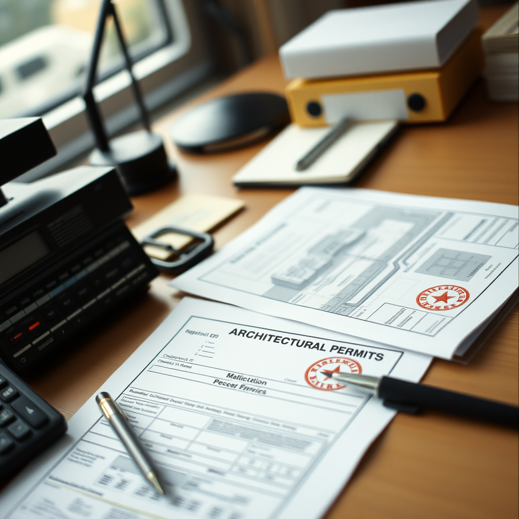 architectural permits, documents with official stamps and architectural drawings visible on a desk