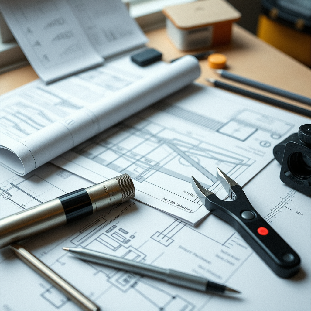engineering objects such as blueprints, drafting tools, and construction plans on a desk, no visible faces