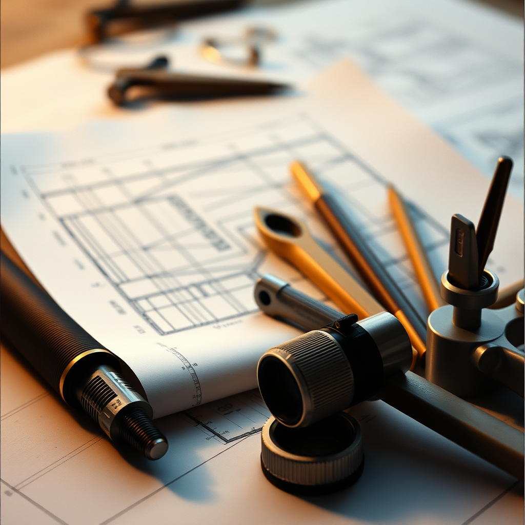 tools, drawings, and drafting materials related to an architectural designer, without showing any faces